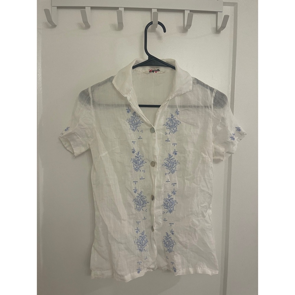 Vintage Linen Embroidered Blue Blouse Gauzy Euro Summer Vacation Coastal